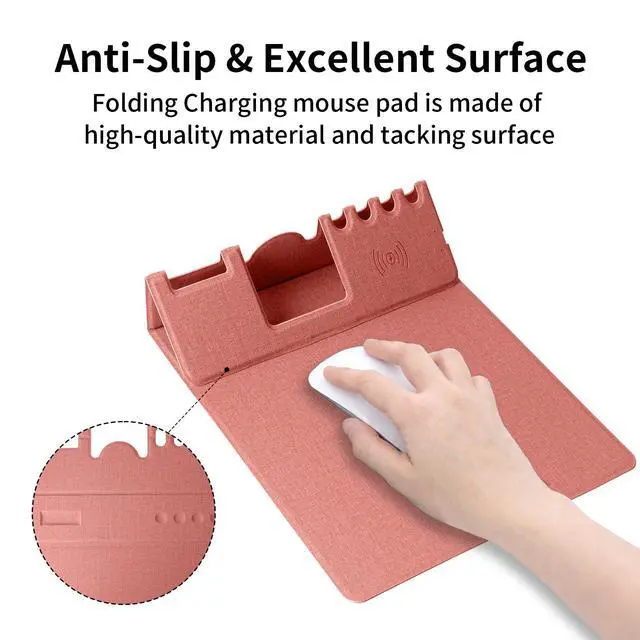 Alt view image 5 of 7 - Mouse Pad with Phone Holder & Pen Holders, Wireless Charging Desk Mat, Mousepad Home Office Desk Pad with Ultra-Smooth Surface, Non-Slip Base, Waterproof Keyboard Pad, Classic Pink Desk Mat
