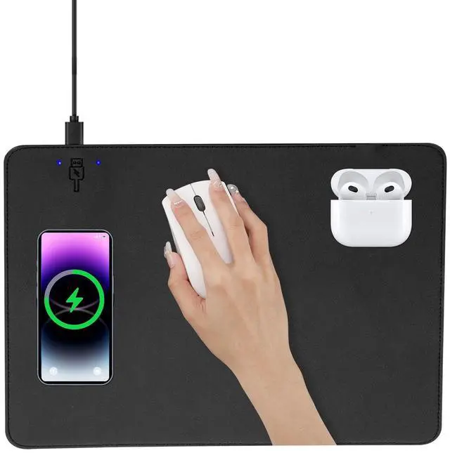Main image of Wireless Charging Mouse Pad 2 in 1 Leather Multifunctional Office Desk Pad with Non-Slip Rubber Base, Waterproof Desk pad for Computers/Office/Work/Home/Decor 12" x 10"Black - L