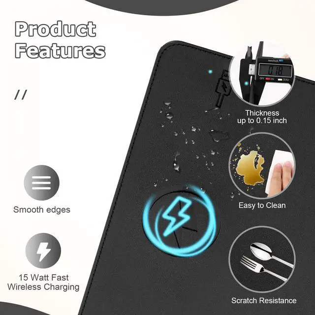 Alt view image 4 of 7 - Wireless Charging Mouse Pad 2 in 1 Leather Multifunctional Office Desk Pad with Non-Slip Rubber Base, Waterproof Desk pad for Computers/Office/Work/Home/Decor 12" x 10"Black - L