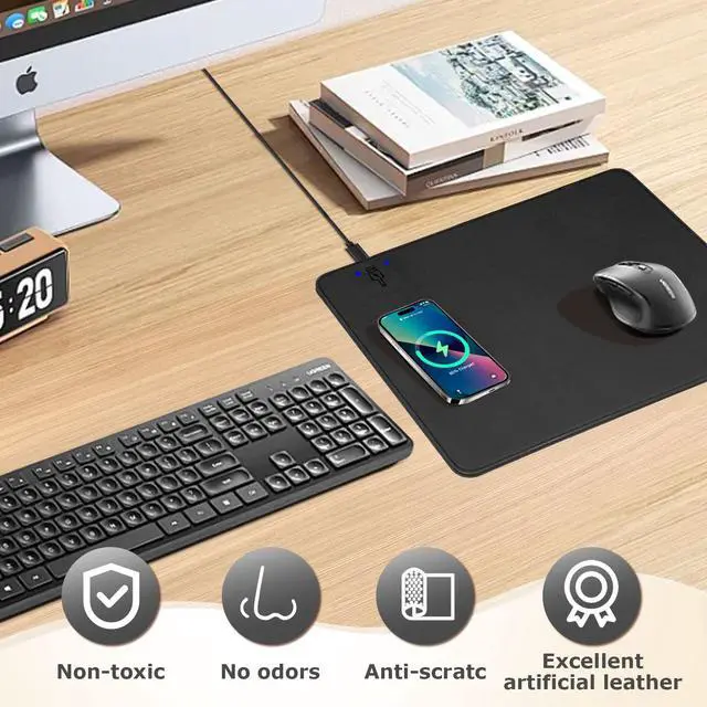 Alt view image 5 of 7 - Wireless Charging Mouse Pad 2 in 1 Leather Multifunctional Office Desk Pad with Non-Slip Rubber Base, Waterproof Desk pad for Computers/Office/Work/Home/Decor 12" x 10"Black - L