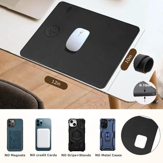Alt view image 6 of 7 - Wireless Charging Mouse Pad 2 in 1 Leather Multifunctional Office Desk Pad with Non-Slip Rubber Base, Waterproof Desk pad for Computers/Office/Work/Home/Decor 12" x 10"Black - L