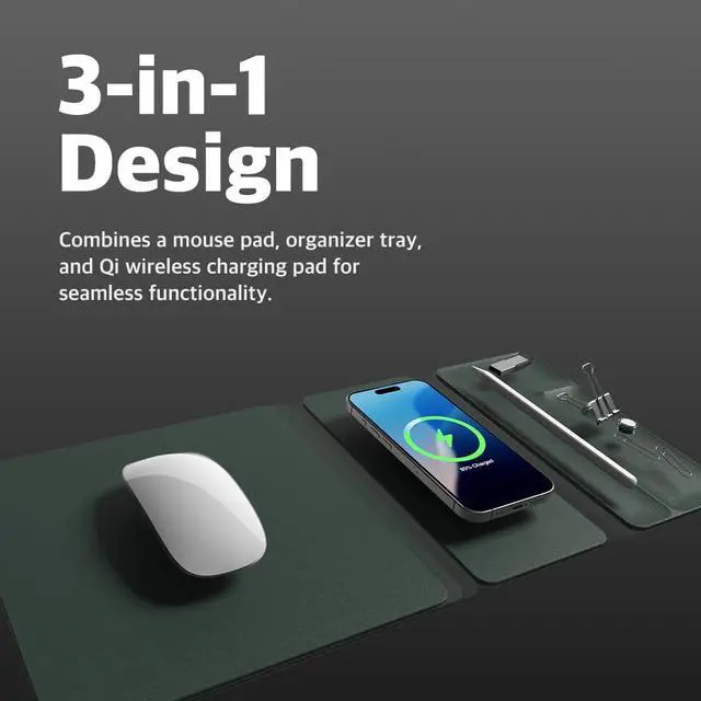 Alt view image 2 of 7 - H3 Split Max 3-in-1 Wireless Charging Mouse Pad Fast Qi Charger, Mousepad Mat, and Magnetic Tray Organizer Compatible with Smartphones and Earbuds (Deep Green)