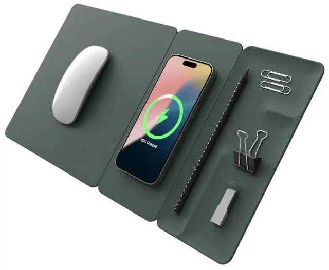 Main image of H3 Split Max 3-in-1 Wireless Charging Mouse Pad Fast Qi Charger, Mousepad Mat, and Magnetic Tray Organizer Compatible with Smartphones and Earbuds (Deep Green)