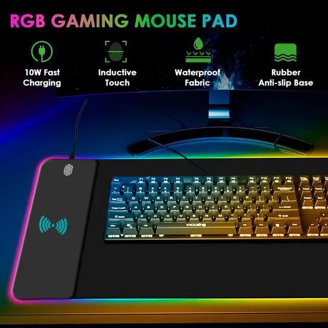 Alt view image 2 of 7 - RGB Gaming Mouse Pad with Wireless Charging 15W, 14 Lights Touch Button LED Mouse Mat Extra Large Mousepad Non-Slip Rubber Base Waterproof Computer Keyboard Mat for Gaming, PC, Laptop, 800x300x4MM