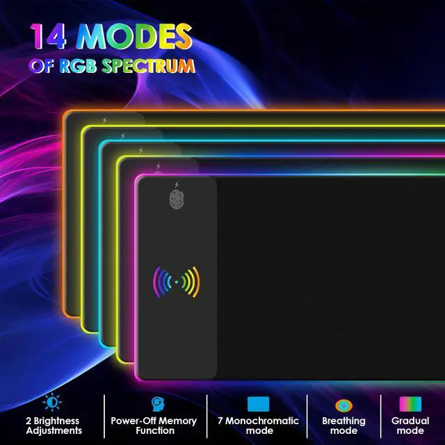 Alt view image 6 of 7 - RGB Gaming Mouse Pad with Wireless Charging 15W, 14 Lights Touch Button LED Mouse Mat Extra Large Mousepad Non-Slip Rubber Base Waterproof Computer Keyboard Mat for Gaming, PC, Laptop, 800x300x4MM