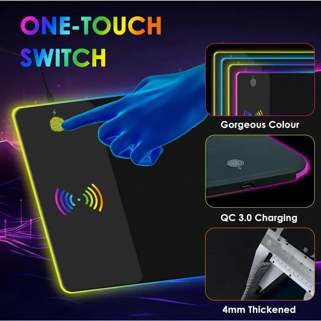 Alt view image 7 of 7 - RGB Gaming Mouse Pad with Wireless Charging 15W, 14 Lights Touch Button LED Mouse Mat Extra Large Mousepad Non-Slip Rubber Base Waterproof Computer Keyboard Mat for Gaming, PC, Laptop, 800x300x4MM