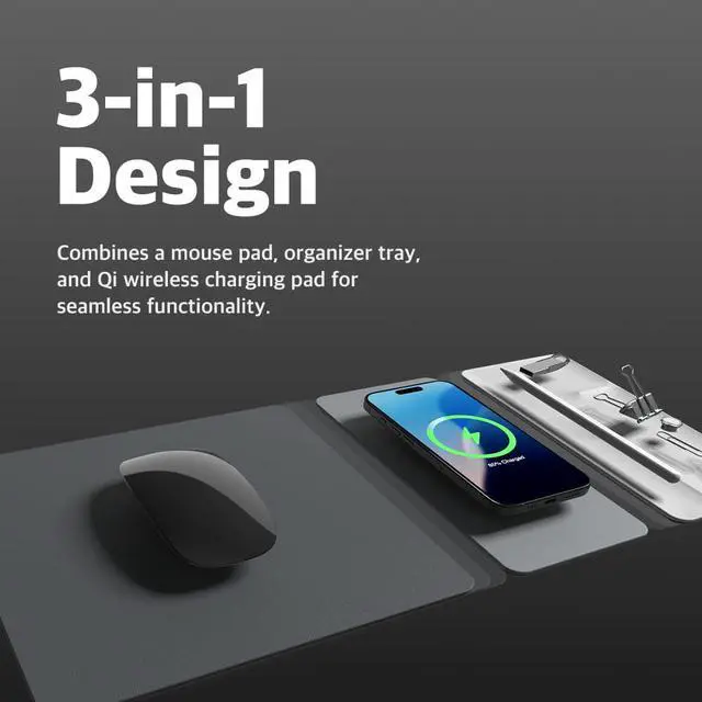 Alt view image 2 of 7 - H3 Split Max 3-in-1 Wireless Charging Mouse Pad Fast Qi Charger, Mousepad Mat, and Magnetic Tray Organizer Compatible with Smartphones and Earbuds (Graphite Grey)