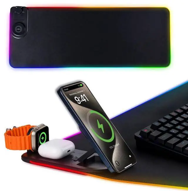 Main image of 3 in 1 Mouse Pad with Wireless Charging, 31.5"x11.8" Mouse Pad RGB with Magnetic Wireless Charging,15 Light Modes,Non-Slip Base,Waterproof Keyboard Pad, Black
