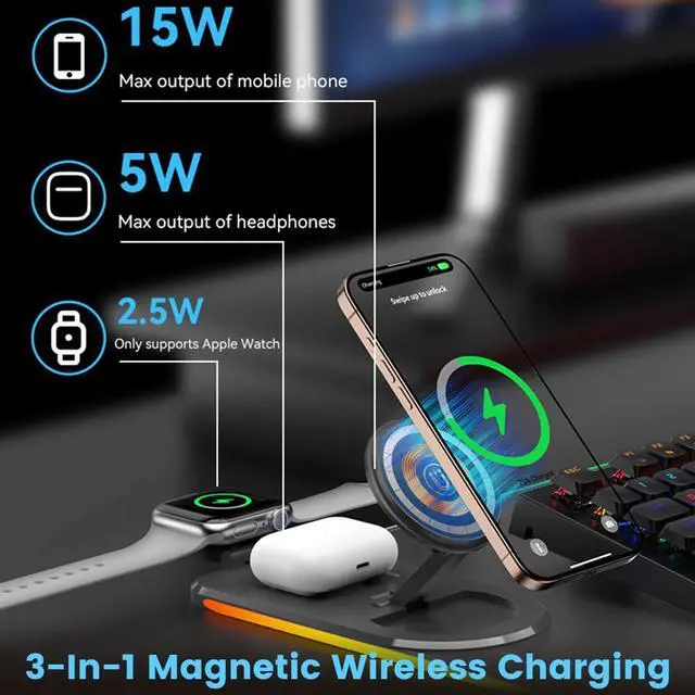 Alt view image 2 of 7 - 3 in 1 Mouse Pad with Wireless Charging, 31.5"x11.8" Mouse Pad RGB with Magnetic Wireless Charging,15 Light Modes,Non-Slip Base,Waterproof Keyboard Pad, Black
