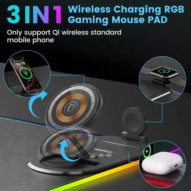 Alt view image 3 of 7 - 3 in 1 Mouse Pad with Wireless Charging, 31.5"x11.8" Mouse Pad RGB with Magnetic Wireless Charging,15 Light Modes,Non-Slip Base,Waterproof Keyboard Pad, Black