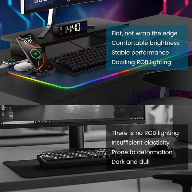 Alt view image 4 of 7 - 3 in 1 Mouse Pad with Wireless Charging, 31.5"x11.8" Mouse Pad RGB with Magnetic Wireless Charging,15 Light Modes,Non-Slip Base,Waterproof Keyboard Pad, Black