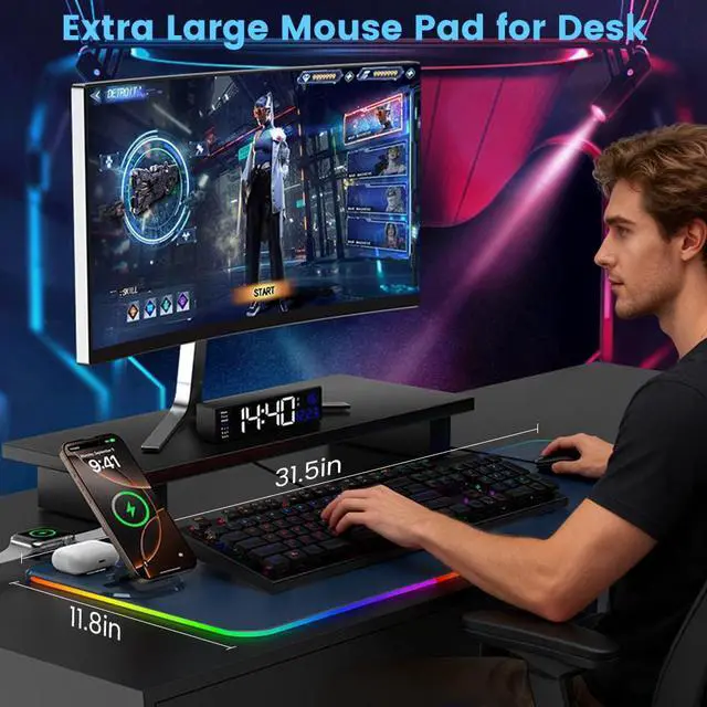 Alt view image 6 of 7 - 3 in 1 Mouse Pad with Wireless Charging, 31.5"x11.8" Mouse Pad RGB with Magnetic Wireless Charging,15 Light Modes,Non-Slip Base,Waterproof Keyboard Pad, Black