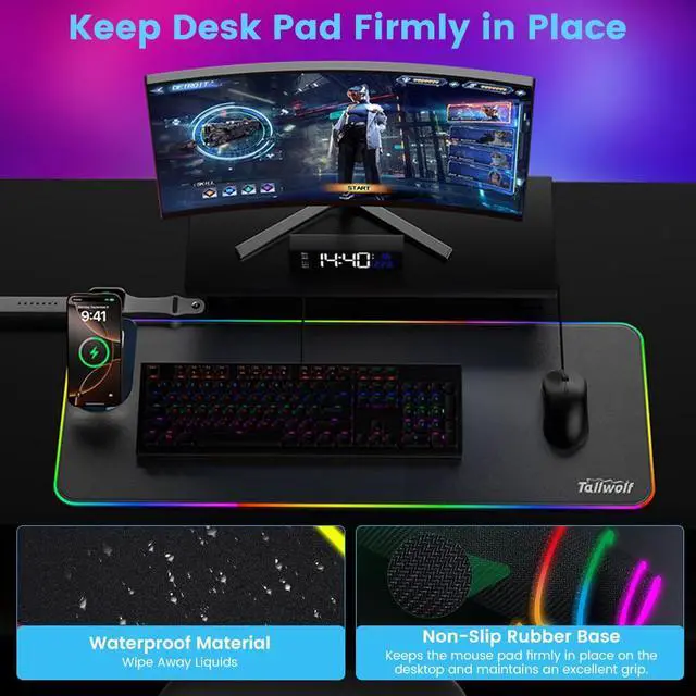 Alt view image 7 of 7 - 3 in 1 Mouse Pad with Wireless Charging, 31.5"x11.8" Mouse Pad RGB with Magnetic Wireless Charging,15 Light Modes,Non-Slip Base,Waterproof Keyboard Pad, Black