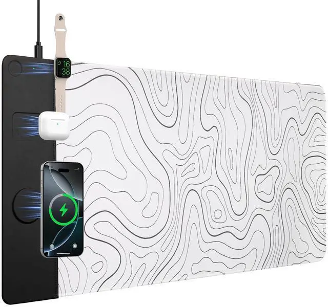 Main image of 3 in 1 Wireless Charging Mouse Pad, Desk Mat with Wireless Charger Multiple Devices Compitable with Watch/iPhone, White Topographic Large Desk Mat(90 x 40cm) for MacBook, PC, Laptop
