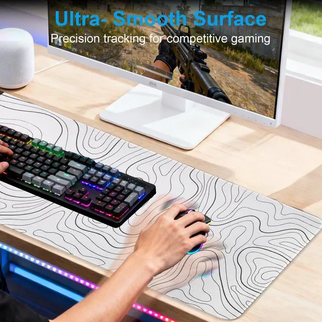 Alt view image 2 of 7 - 3 in 1 Wireless Charging Mouse Pad, Desk Mat with Wireless Charger Multiple Devices Compitable with Watch/iPhone, White Topographic Large Desk Mat(90 x 40cm) for MacBook, PC, Laptop