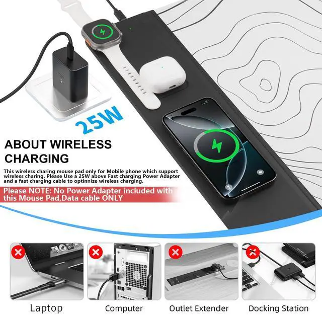 Alt view image 3 of 7 - 3 in 1 Wireless Charging Mouse Pad, Desk Mat with Wireless Charger Multiple Devices Compitable with Watch/iPhone, White Topographic Large Desk Mat(90 x 40cm) for MacBook, PC, Laptop
