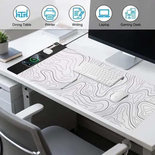 Alt view image 4 of 7 - 3 in 1 Wireless Charging Mouse Pad, Desk Mat with Wireless Charger Multiple Devices Compitable with Watch/iPhone, White Topographic Large Desk Mat(90 x 40cm) for MacBook, PC, Laptop