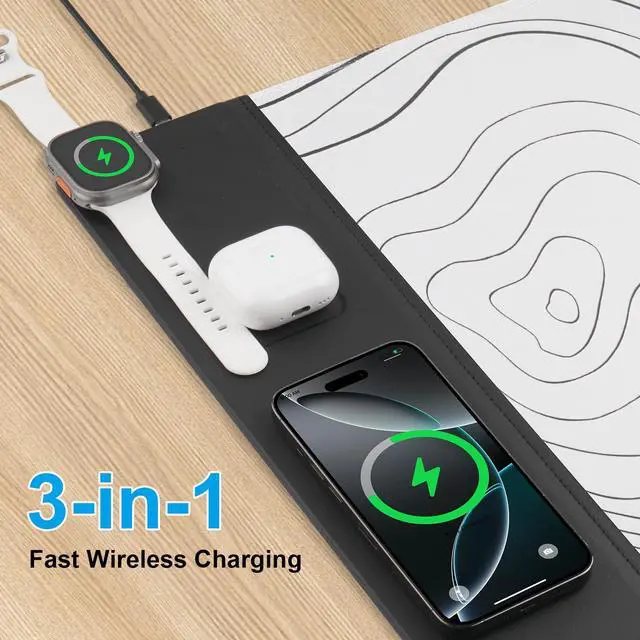 Alt view image 5 of 7 - 3 in 1 Wireless Charging Mouse Pad, Desk Mat with Wireless Charger Multiple Devices Compitable with Watch/iPhone, White Topographic Large Desk Mat(90 x 40cm) for MacBook, PC, Laptop