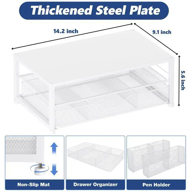 Alt view image 3 of 6 - Desk Organizer and Accessories, 2-Tier Computer Monitor Stand Riser with Drawer and 2 Pen Holders, Laptop Stand, Office Desk Accessories for Office Supplies, 1 Pack, White