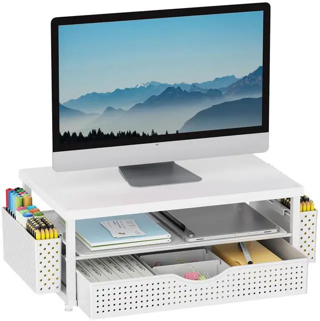 Main image of Desk Organizers and Accessories, Monitor Stand with Drawer and 2 Pen Holder, Desktop Organizer Suitable for Offices and Dormitories (White-Plain)