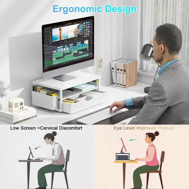 Alt view image 2 of 7 - Desk Organizers and Accessories, Monitor Stand with Drawer and 2 Pen Holder, Desktop Organizer Suitable for Offices and Dormitories (White-Plain)