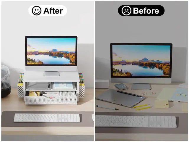Alt view image 3 of 7 - Desk Organizers and Accessories, Monitor Stand with Drawer and 2 Pen Holder, Desktop Organizer Suitable for Offices and Dormitories (White-Plain)