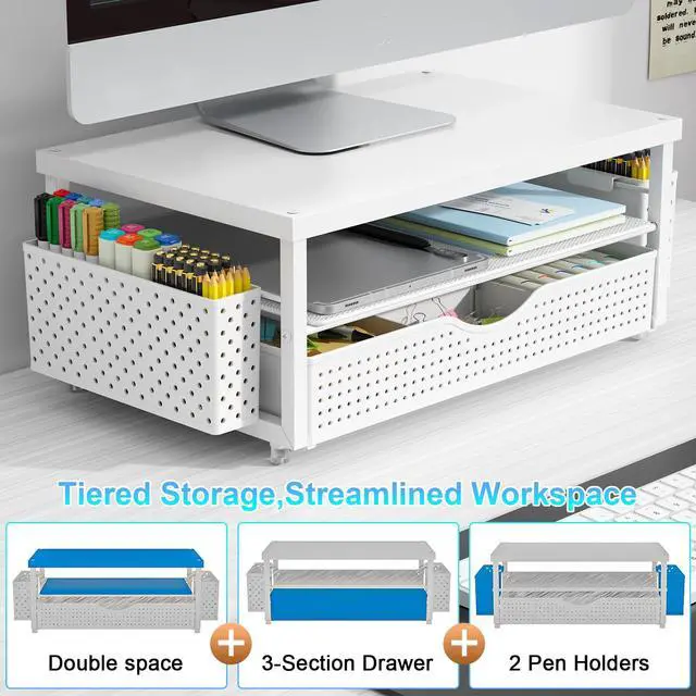 Alt view image 4 of 7 - Desk Organizers and Accessories, Monitor Stand with Drawer and 2 Pen Holder, Desktop Organizer Suitable for Offices and Dormitories (White-Plain)