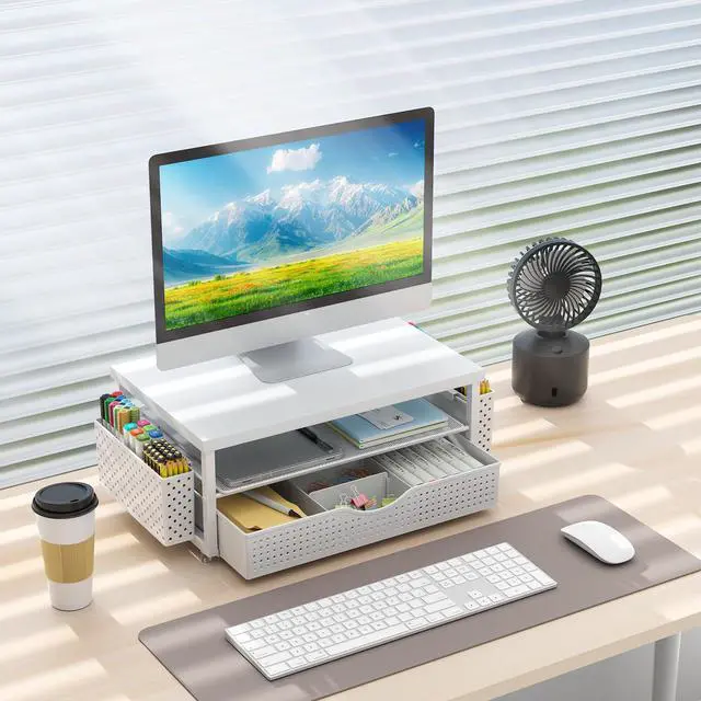 Alt view image 7 of 7 - Desk Organizers and Accessories, Monitor Stand with Drawer and 2 Pen Holder, Desktop Organizer Suitable for Offices and Dormitories (White-Plain)