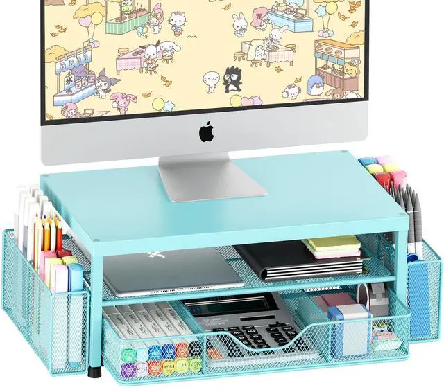 Main image of Desk Organizer and Accessories, 2-Tier Computer Monitor Stand Riser with Drawer and 2 Pen Holders, Laptop Stand, Office Desk Accessories for Office Supplies, 1 Pack, Teal Blue