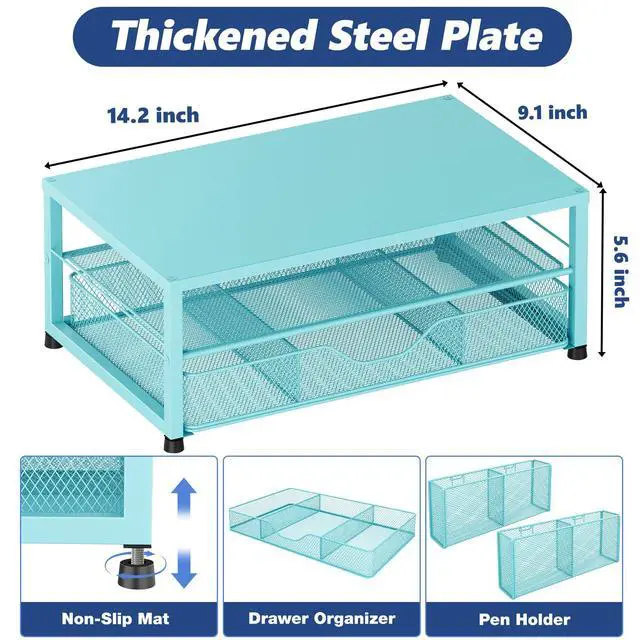 Alt view image 2 of 7 - Desk Organizer and Accessories, 2-Tier Computer Monitor Stand Riser with Drawer and 2 Pen Holders, Laptop Stand, Office Desk Accessories for Office Supplies, 1 Pack, Teal Blue