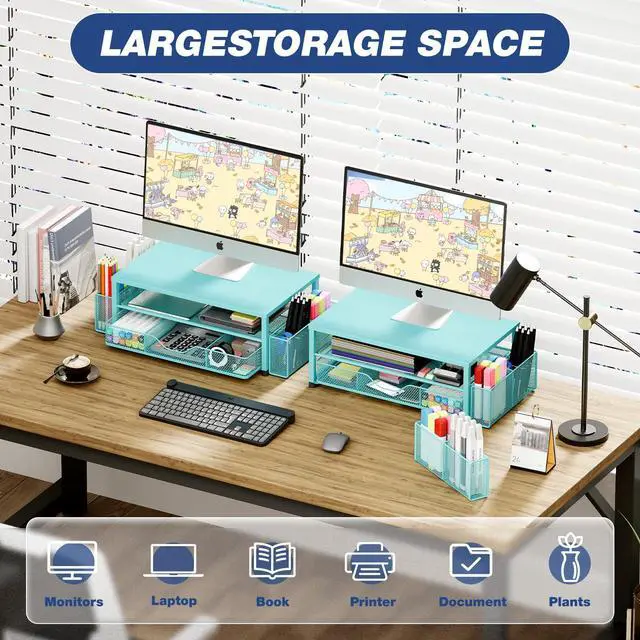 Alt view image 3 of 7 - Desk Organizer and Accessories, 2-Tier Computer Monitor Stand Riser with Drawer and 2 Pen Holders, Laptop Stand, Office Desk Accessories for Office Supplies, 1 Pack, Teal Blue