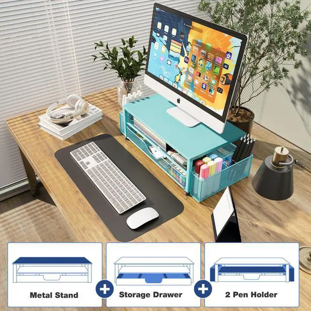 Alt view image 4 of 7 - Desk Organizer and Accessories, 2-Tier Computer Monitor Stand Riser with Drawer and 2 Pen Holders, Laptop Stand, Office Desk Accessories for Office Supplies, 1 Pack, Teal Blue