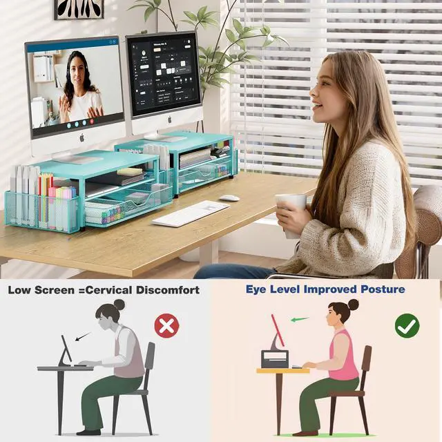 Alt view image 5 of 7 - Desk Organizer and Accessories, 2-Tier Computer Monitor Stand Riser with Drawer and 2 Pen Holders, Laptop Stand, Office Desk Accessories for Office Supplies, 1 Pack, Teal Blue