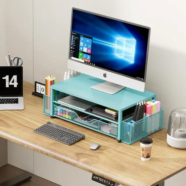 Alt view image 7 of 7 - Desk Organizer and Accessories, 2-Tier Computer Monitor Stand Riser with Drawer and 2 Pen Holders, Laptop Stand, Office Desk Accessories for Office Supplies, 1 Pack, Teal Blue