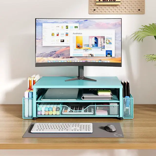 Alt view image 6 of 7 - Desk Organizer and Accessories, 2-Tier Computer Monitor Stand Riser with Drawer and 2 Pen Holders, Laptop Stand, Office Desk Accessories for Office Supplies, 1 Pack, Teal Blue