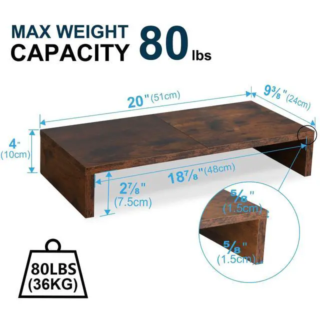 Alt view image 3 of 7 - 20 inch Wood Monitor Stand Riser, Desktop Riser Shelf, Rustic Brown
