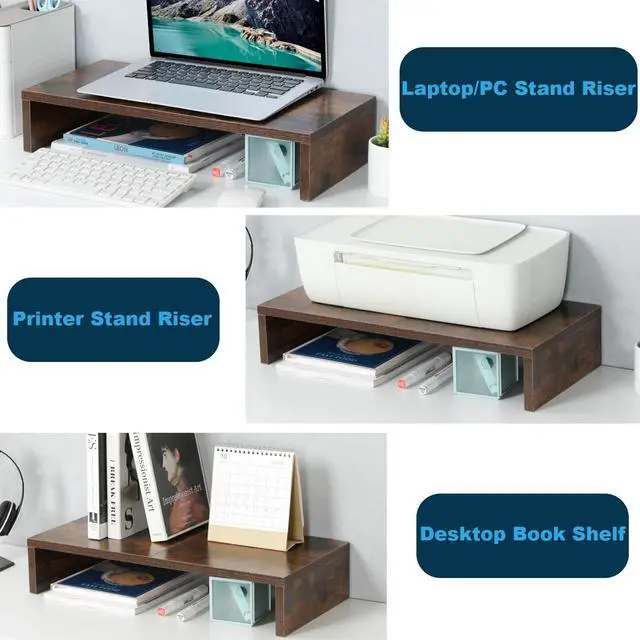 Alt view image 5 of 7 - 20 inch Wood Monitor Stand Riser, Desktop Riser Shelf, Rustic Brown