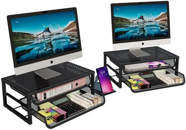 Main image of 2-Pack 2-Tier Monitor Stand Riser with Drawer, Metal Computer Desk Organizer for Home Office, Black