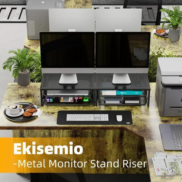 Alt view image 2 of 7 - 2-Pack 2-Tier Monitor Stand Riser with Drawer, Metal Computer Desk Organizer for Home Office, Black
