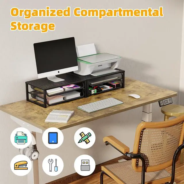 Alt view image 4 of 7 - 2-Pack 2-Tier Monitor Stand Riser with Drawer, Metal Computer Desk Organizer for Home Office, Black