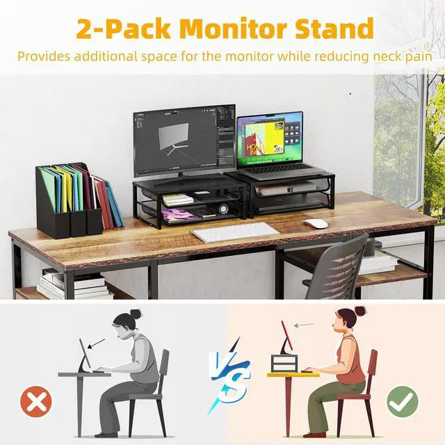 Alt view image 5 of 7 - 2-Pack 2-Tier Monitor Stand Riser with Drawer, Metal Computer Desk Organizer for Home Office, Black