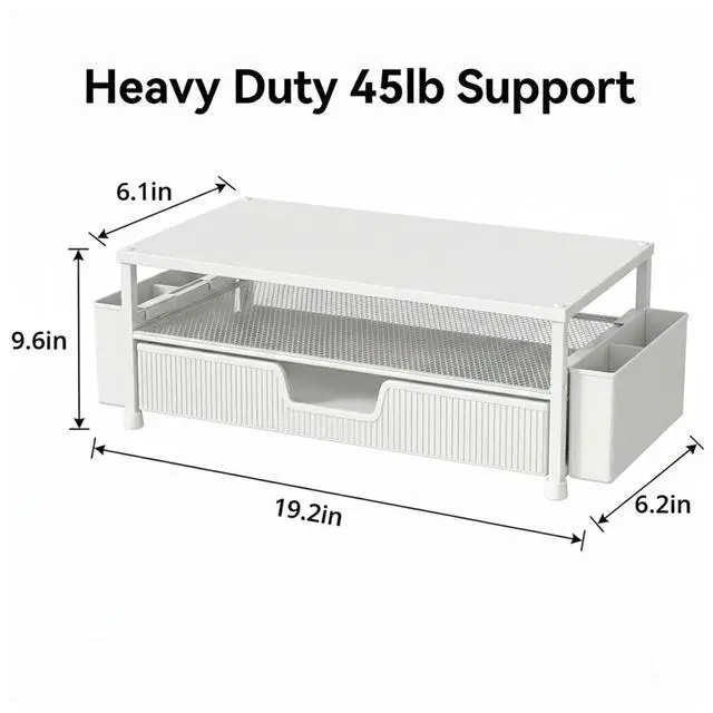 Alt view image 2 of 7 - Desk Organizer and Accessories, 2-Tier Computer Monitor Stand Rise with Storage Drawer & 2 Pen Holders, Laptop & Printer Stand for Desktop, Workspace Organizers for Office Supplies (White)