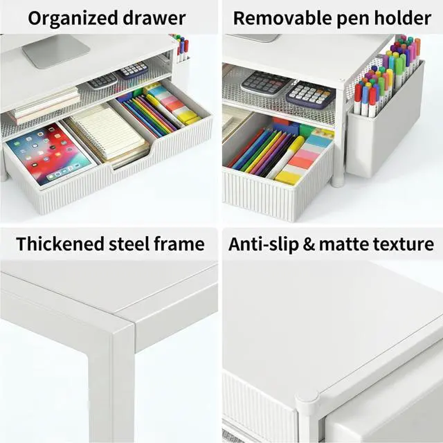 Alt view image 3 of 7 - Desk Organizer and Accessories, 2-Tier Computer Monitor Stand Rise with Storage Drawer & 2 Pen Holders, Laptop & Printer Stand for Desktop, Workspace Organizers for Office Supplies (White)