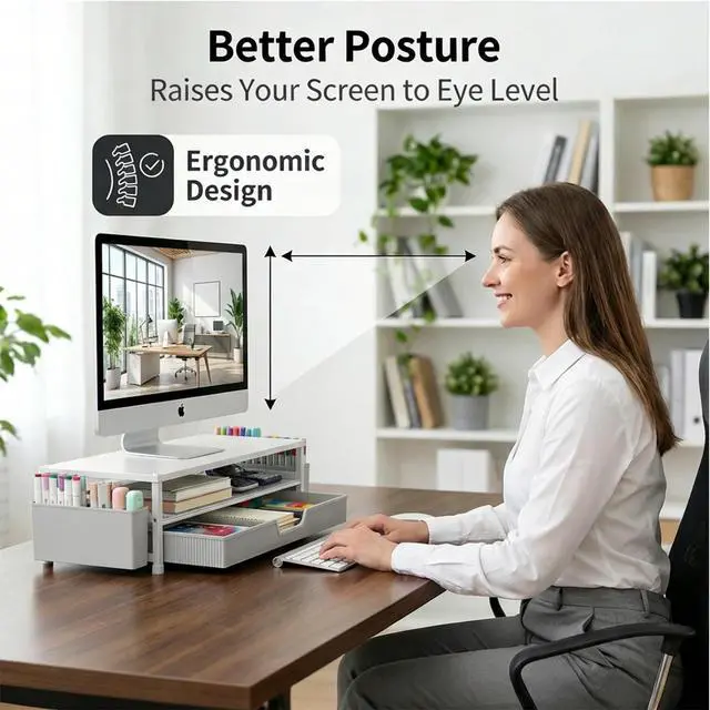 Alt view image 4 of 7 - Desk Organizer and Accessories, 2-Tier Computer Monitor Stand Rise with Storage Drawer & 2 Pen Holders, Laptop & Printer Stand for Desktop, Workspace Organizers for Office Supplies (White)