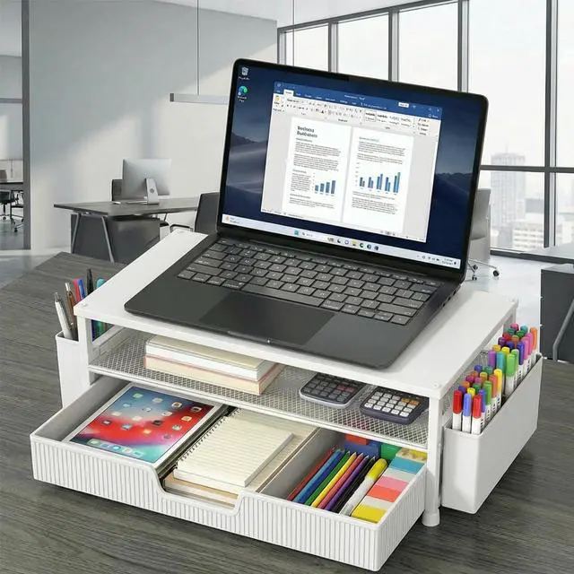 Alt view image 6 of 7 - Desk Organizer and Accessories, 2-Tier Computer Monitor Stand Rise with Storage Drawer & 2 Pen Holders, Laptop & Printer Stand for Desktop, Workspace Organizers for Office Supplies (White)