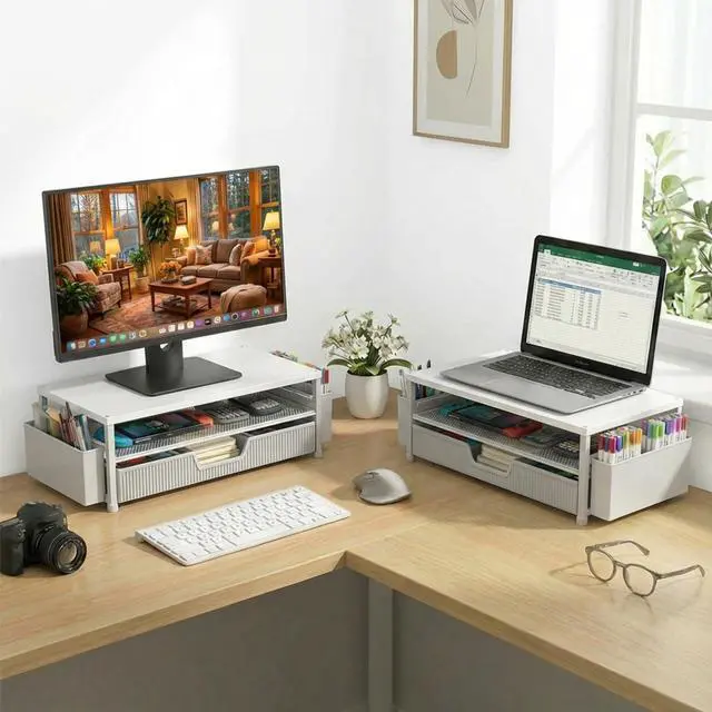 Alt view image 5 of 7 - Desk Organizer and Accessories, 2-Tier Computer Monitor Stand Rise with Storage Drawer & 2 Pen Holders, Laptop & Printer Stand for Desktop, Workspace Organizers for Office Supplies (White)