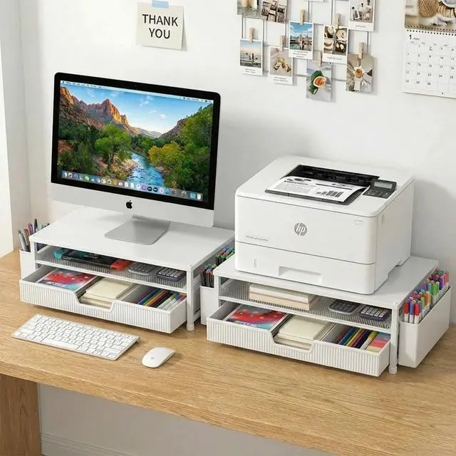 Alt view image 7 of 7 - Desk Organizer and Accessories, 2-Tier Computer Monitor Stand Rise with Storage Drawer & 2 Pen Holders, Laptop & Printer Stand for Desktop, Workspace Organizers for Office Supplies (White)