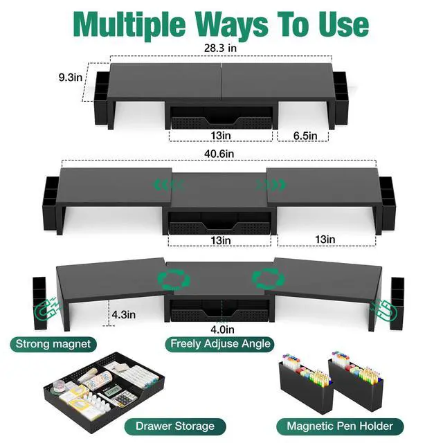 Alt view image 2 of 7 - Desk Organizer and Accessories, Dual Computer Monitor Stand Riser with Drawer and 2 Pen Holders, Laptop Stand, Office Desk Accessories for Office Supplies, Black