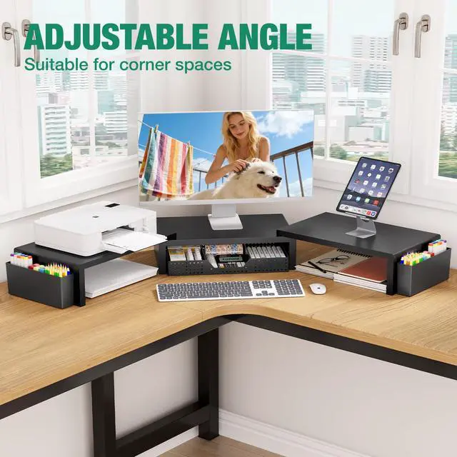 Alt view image 4 of 7 - Desk Organizer and Accessories, Dual Computer Monitor Stand Riser with Drawer and 2 Pen Holders, Laptop Stand, Office Desk Accessories for Office Supplies, Black