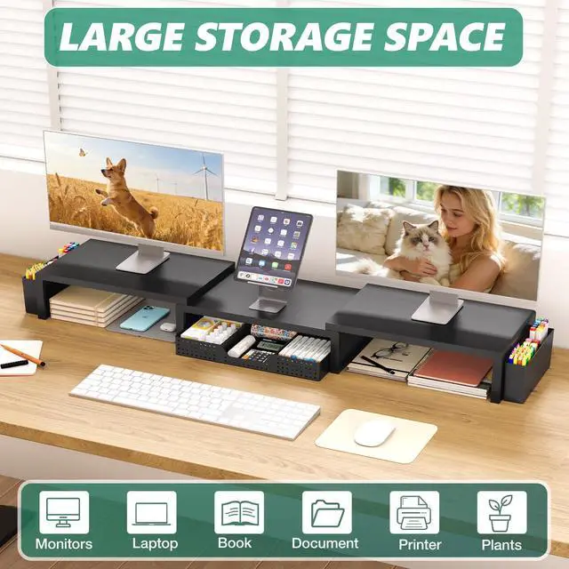 Alt view image 5 of 7 - Desk Organizer and Accessories, Dual Computer Monitor Stand Riser with Drawer and 2 Pen Holders, Laptop Stand, Office Desk Accessories for Office Supplies, Black